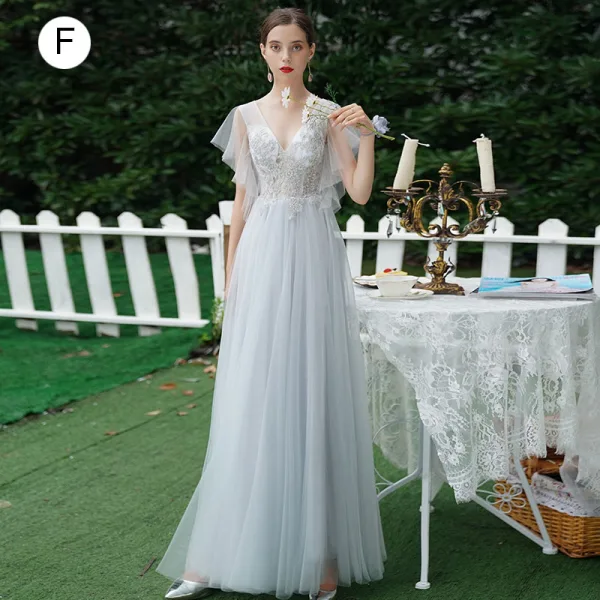 Charming Khaki Beading Sequins Backless Lace Flower Bridesmaid Dresses 2021 A-Line / Princess Short Sleeve Floor-Length / Long Bridesmaid Wedding Party Dresses
