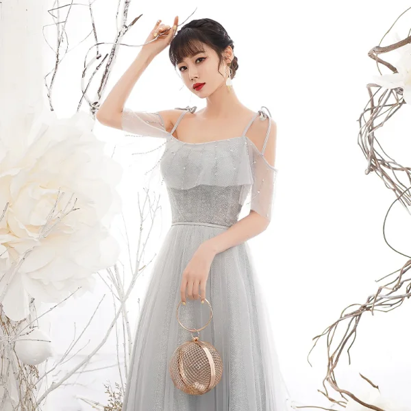 Chic / Beautiful Silver Grey Sequins Bridesmaid Dresses 2021 A-Line / Princess Short Sleeve Backless Sash Floor-Length / Long Wedding Party Dresses