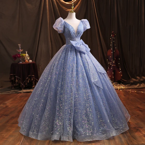 Scintillantes Bleu Ciel Glitter Robe De Bal 2021 Robe Boule Encolure Dégagée Gonflée Manches Courtes Noeud Dos Nu Longue Robe De Ceremonie