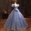 Scintillantes Bleu Ciel Glitter Robe De Bal 2021 Robe Boule Encolure Dégagée Gonflée Manches Courtes Noeud Dos Nu Longue Robe De Ceremonie
