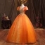 Elegant Orange Beading Pearl Sequins Prom Dresses 2021 Ball Gown Square Neckline Puffy Short Sleeve Backless Sash Floor-Length / Long Formal Dresses