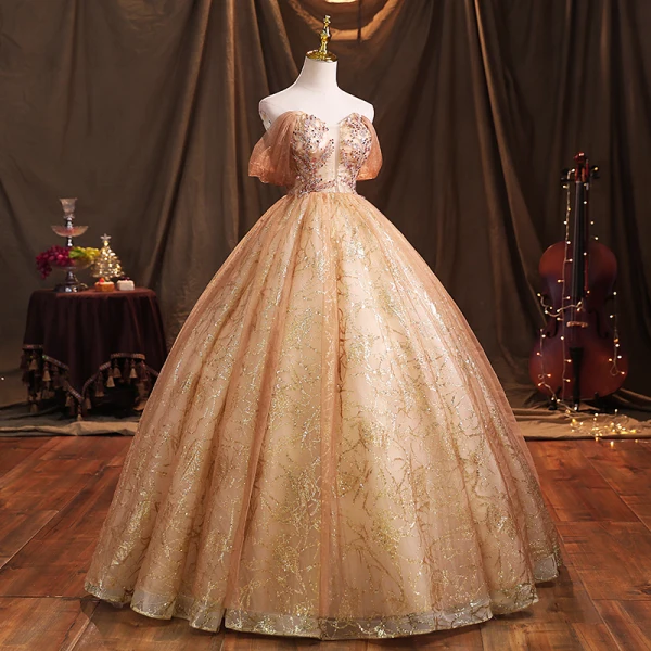Charming Champagne Beading Pearl Sequins Prom Dresses 2021 Ball Gown Strapless Sleeveless Backless Floor-Length / Long Formal Dresses