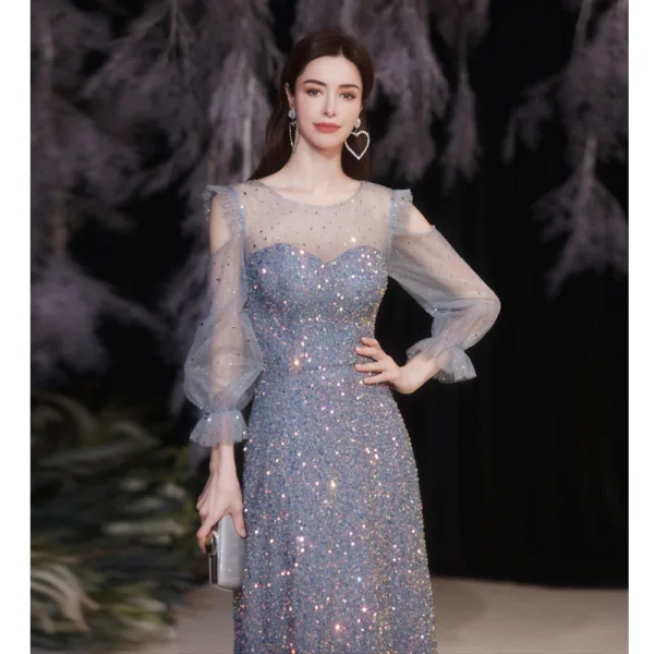 Sparkly Sky Blue Beading Sequins Evening Dresses 2021 A-Line / Princess Scoop Neck 3/4 Sleeve Evening Party Floor-Length / Long Formal Dresses
