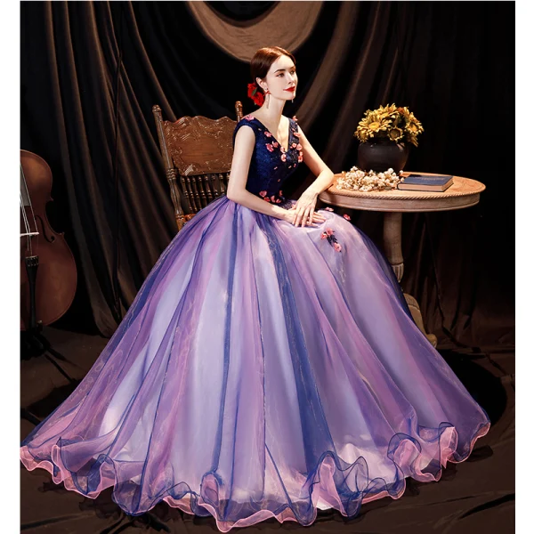 Fée Des Fleurs Bleu Marine Robe De Bal 2021 Princesse V-Cou Appliques En Dentelle Fleur Sans Manches Dos Nu Longue Robe De Ceremonie