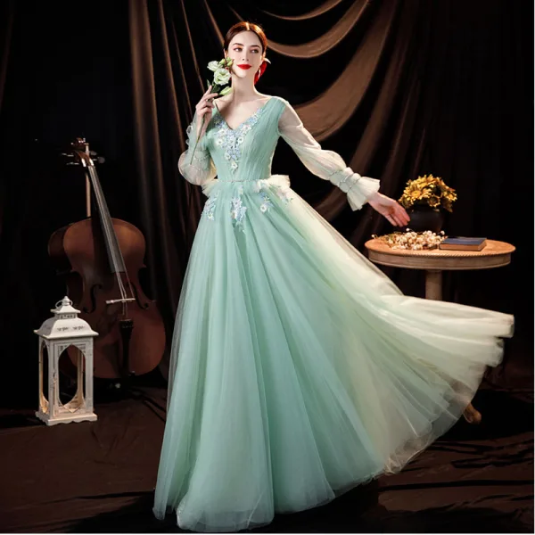 Chic / Beautiful Mint Green Prom Dresses 2021 A-Line / Princess V-Neck Bell sleeves Backless Pearl Sequins Lace Flower Floor-Length / Long Formal Dresses
