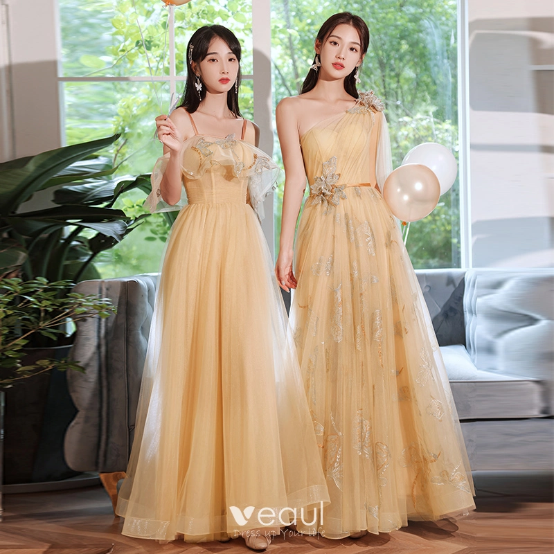 Chic / Beautiful Yellow Lace Flower Bridesmaid Dresses 2021 A-Line /  Princess Short Sleeve Sash Backless Floor-