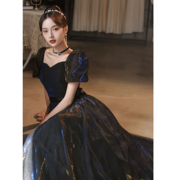 Charming Black Evening Dresses 2021 A-Line / Princess Square Neckline Puffy Short Sleeve Backless Floor-Length / Long Evening Party Formal Dresses