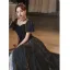 Charming Black Evening Dresses 2021 A-Line / Princess Square Neckline Puffy Short Sleeve Backless Floor-Length / Long Evening Party Formal Dresses