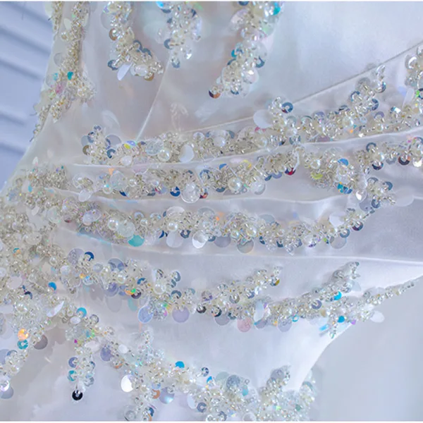 High-end Elegant Ivory Satin Wedding Dresses 2021 A-Line / Princess High Neck Beading Pearl Sequins Long Sleeve Sweep Train Wedding