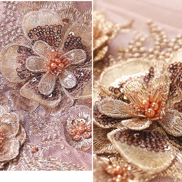 Chic / Belle Rougissant Rose Volants en Cascade Robe De Bal 2021 Princesse Encolure Dégagée Perlage Perle Paillettes En Dentelle Fleur Sans Manches Dos Nu Longue Robe De Ceremonie