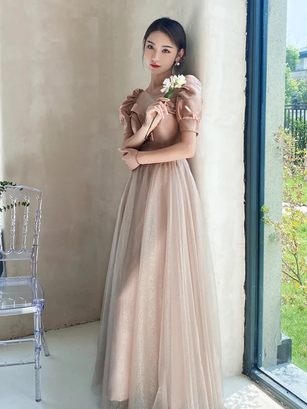Chic / Beautiful Blushing Pink Bridesmaid Dresses 2021 A-Line / Princess Bow Sash Rhinestone Short Sleeve Backless Floor-Length / Long Wedding Party Dresses