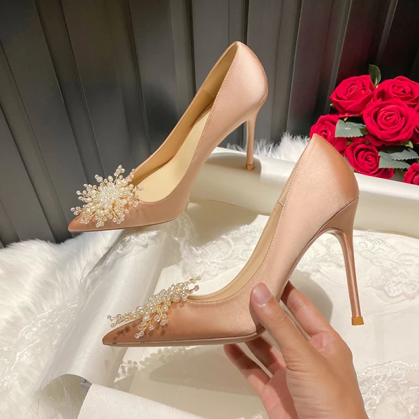 Schöne Weiß Perle Ball Pumps 2021 Leder 10 cm Stilettos Spitzschuh Hochhackige Pumps