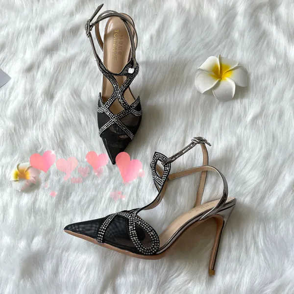 Sexy Noire Soirée Faux Diamant Sandales Femme 2021 Cuir T-Strap 10 cm Talons Aiguilles À Bout Pointu Sandales Talons Hauts
