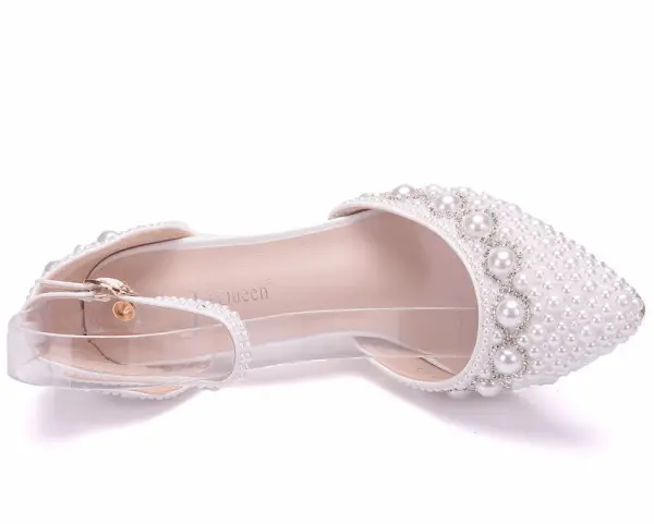 Eleganta Elfenben Pärla Rhinestone Brudskor 2021 Ankelband 9 cm Stilettklackar Spetsiga Bröllop Högklackade