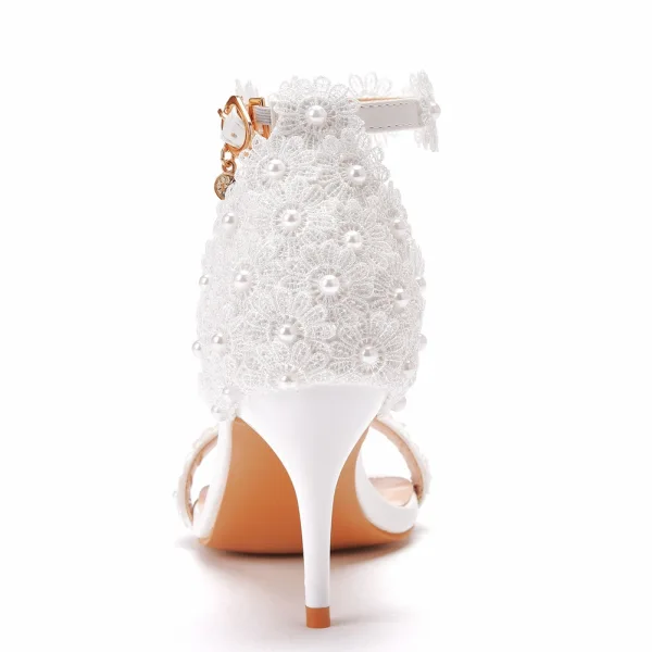 Charming White Pearl Lace Flower Wedding Shoes 2021 7 cm Stiletto Heels Open / Peep Toe Wedding Sandals High Heels