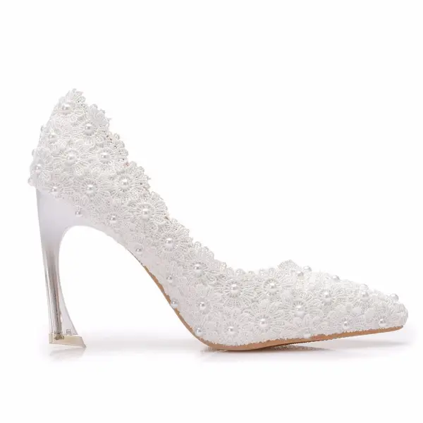 Elegant White Pearl Lace Flower Wedding Shoes 2021 9 cm Stiletto Heels Pointed Toe Wedding Pumps High Heels