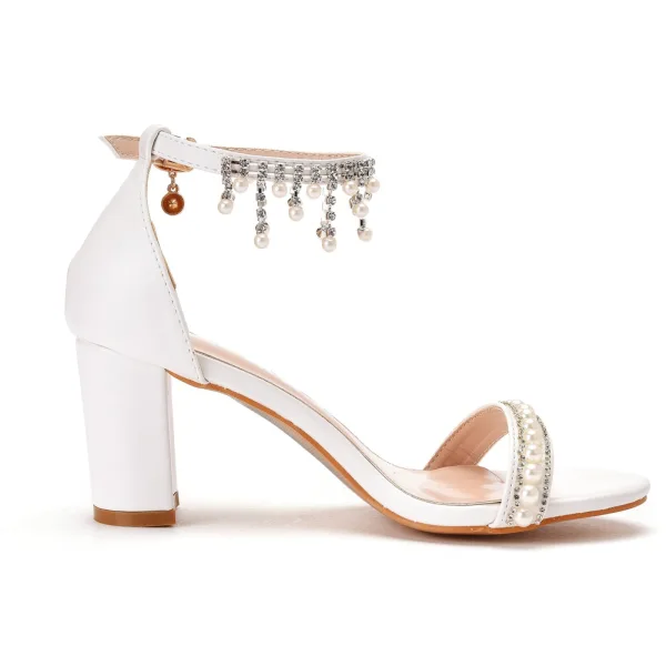 Charmant Weiß Perle Strass Brautschuhe 2021 7 cm Thick Heels Peeptoes Hochzeit Sandaletten Hochhackige