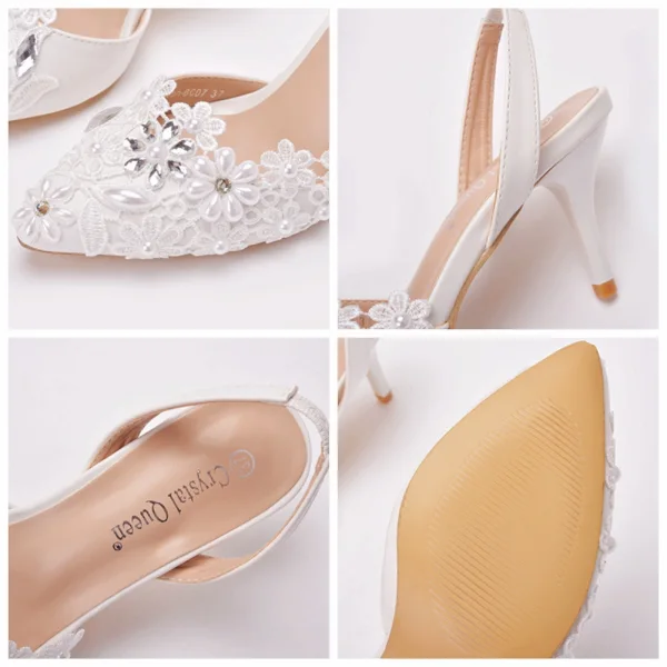 Chic / Belle Blanche À Bout Pointu Faux Diamant En Dentelle Fleur Chaussure De Mariée 2021 7 cm Talons Aiguilles Mariage Talons Hauts
