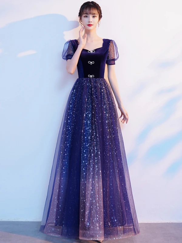 Bling Bling Bleu Roi Étoile Paillettes Faux Diamant Noeud Robe De Bal 2021 Princesse Encolure Carrée Manches Courtes Dos Nu Longue Promo Robe De Ceremonie