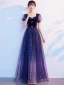 Bling Bling Bleu Roi Étoile Paillettes Faux Diamant Noeud Robe De Bal 2021 Princesse Encolure Carrée Manches Courtes Dos Nu Longue Promo Robe De Ceremonie