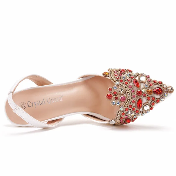 Charmant Weiß Strass Brautschuhe 2021 7 cm Stilettos Spitzschuh Hochzeit Sandaletten Hochhackige