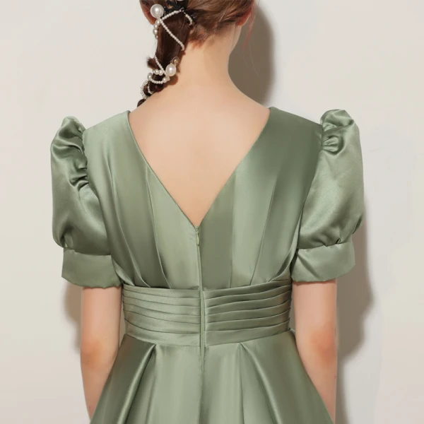 Elegant Sage Green Birthday Flower Girl Dresses 2021 A-Line / Princess Satin V-Neck Short Sleeve Floor-Length / Long Flower Girl Dresses