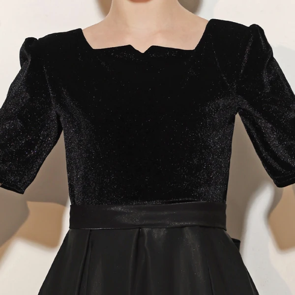 Elegant Black Birthday Suede Party Dresses Flower Girl Dresses 2021 A-Line / Princess Square Neckline Short Sleeve Floor-Length / Long Backless Bow Flower Girl Dresses