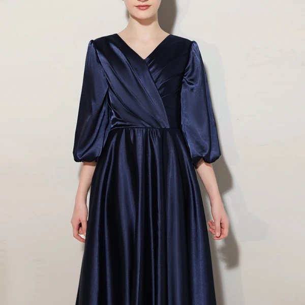 Elegant Navy Blue Satin Birthday Flower Girl Dresses Party Dresses 2021 A-Line / Princess V-Neck 1/2 Sleeves Floor-Length / Long Flower Girl Dresses