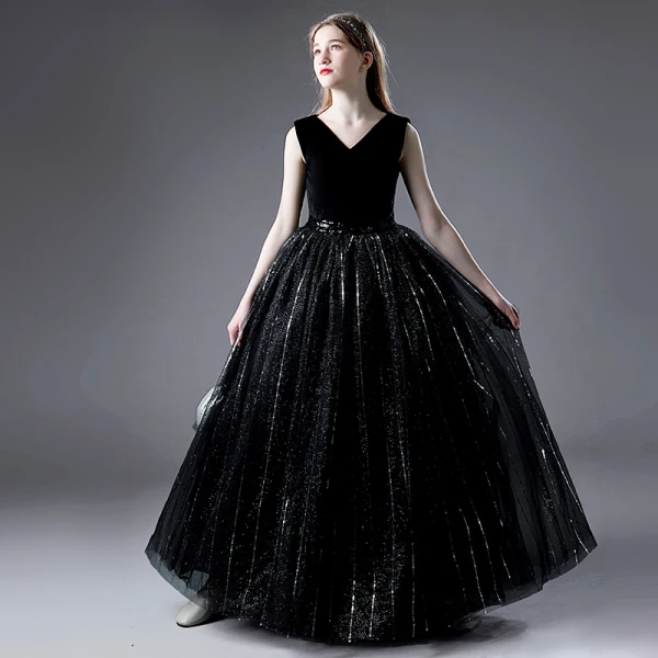 Charming Black Sequins Birthday Flower Girl Dresses Party Dresses 2021 Ball Gown V-Neck Sleeveless Floor-Length / Long Flower Girl Dresses