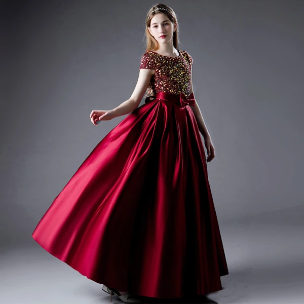 Charming Burgundy Party Dresses Flower Girl Dresses 2021 A-Line / Princess Scoop Neck Satin Short Sleeve Bow Sash Sequins Birthday Floor-Length / Long Flower Girl Dresses