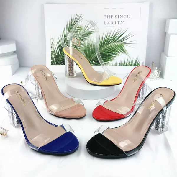 Sexy Transparent Ocean Blue Crystal Womens Sandals 2021 Street Wear Ankle Strap 10 cm Stiletto Heels Open / Peep Toe Womens Sandals High Heels
