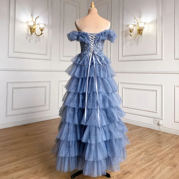 Wysokiej Klasy Liliowy Wykonany Ręcznie Frezowanie Cekiny Sukienki Na Bal 2021 Princessa Przy Ramieniu Kótkie Rękawy Bez Pleców Kokarda Kaskadowe Falbany Długie Sukienki Wizytowe