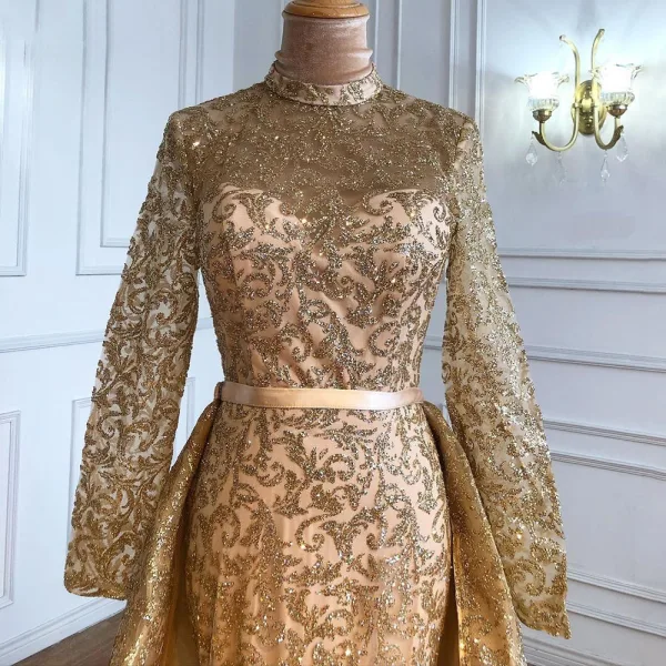 Haut de Gamme Noire Robe De Soirée 2021 Trompette / Sirène Col Haut Fait main Perlage Paillettes Ceinture Manches Longues Longue Soirée Robe De Ceremonie