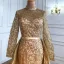 Haut de Gamme Noire Robe De Soirée 2021 Trompette / Sirène Col Haut Fait main Perlage Paillettes Ceinture Manches Longues Longue Soirée Robe De Ceremonie