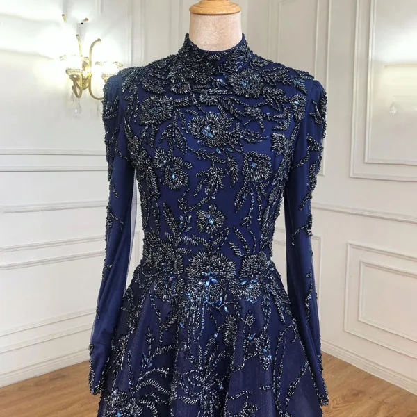 High-end Navy Blue Handmade  Beading Rhinestone Evening Dresses 2021 A-Line / Princess High Neck Long Sleeve Floor-Length / Long Evening Party Formal Dresses
