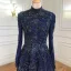 High-end Navy Blue Handmade  Beading Rhinestone Evening Dresses 2021 A-Line / Princess High Neck Long Sleeve Floor-Length / Long Evening Party Formal Dresses