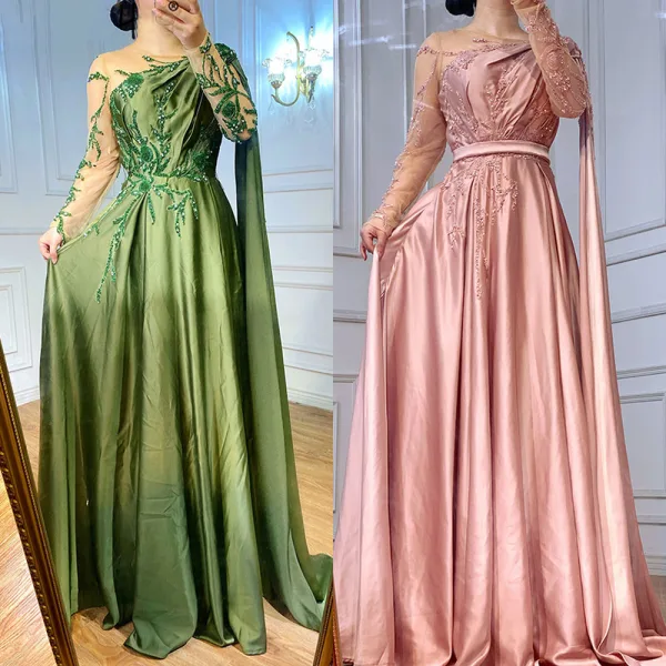 Modern / Fashion Olive Green Evening Dresses  2021 A-Line / Princess Scoop Neck Beading Rhinestone Long Sleeve Evening Party Floor-Length / Long Formal Dresses