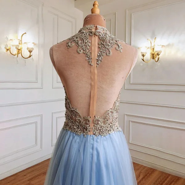 Fashion Sky Blue Beading Rhinestone Sequins Evening Dresses 2021 A-Line / Princess High Neck Sleeveless Floor-Length / Long Formal Dresses