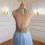Fashion Sky Blue Beading Rhinestone Sequins Evening Dresses 2021 A-Line / Princess High Neck Sleeveless Floor-Length / Long Formal Dresses