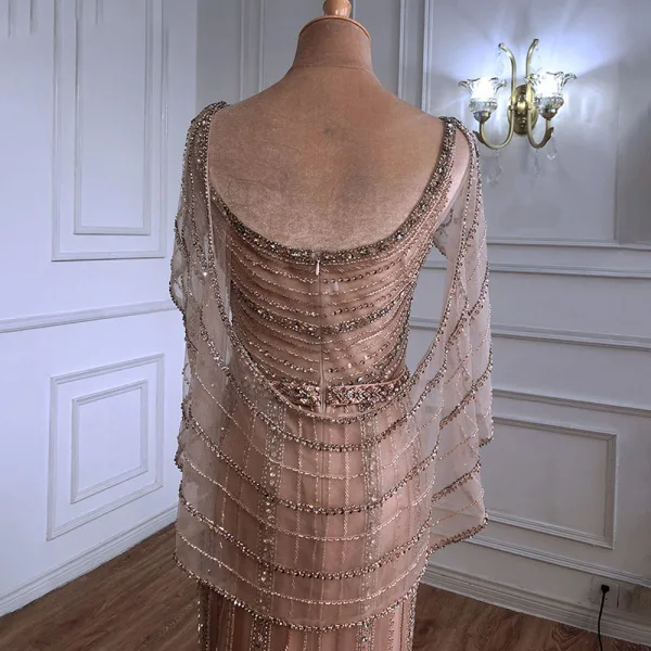 Luxury / Gorgeous Gold Handmade Beading Rhinestone Evening Dresses 2021 Trumpet / Mermaid V-Neck Sleeveless Backless Floor-Length / Long Evening Party Formal Dresses