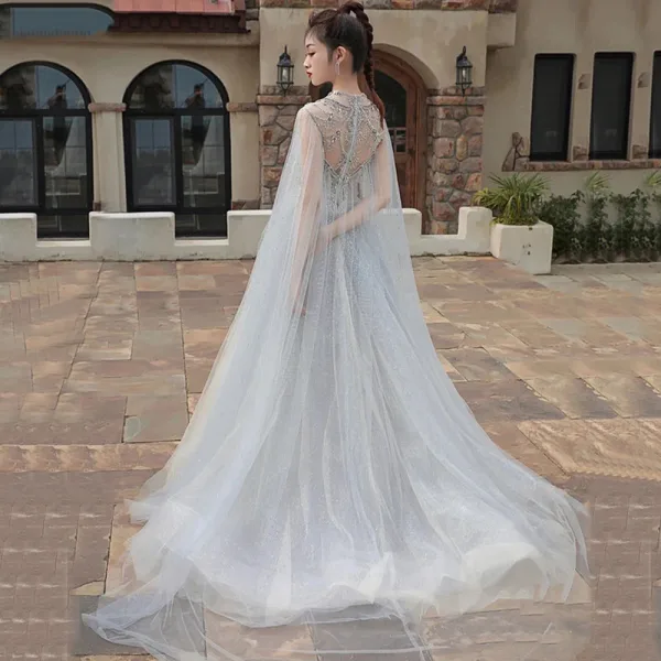 Luxury / Gorgeous High-end Grey Beading Sequins Rhinestone Evening Dresses 2021 A-Line / Princess Scoop Neck Short Sleeve Evening Party Sweep Train Formal Dresses
