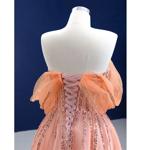 High-end Pearl Pink Beading Rhinestone Sequins Prom Dresses 2021 A-Line / Princess Off-The-Shoulder Short Sleeve Backless Prom Floor-Length / Long Formal Dresses