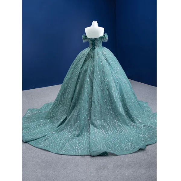 Charmant Vert Citron Perlage Gland Faux Diamant Paillettes Robe De Bal 2021 Robe Boule De l'épaule Manches Courtes Dos Nu Chapel Train Robe De Ceremonie