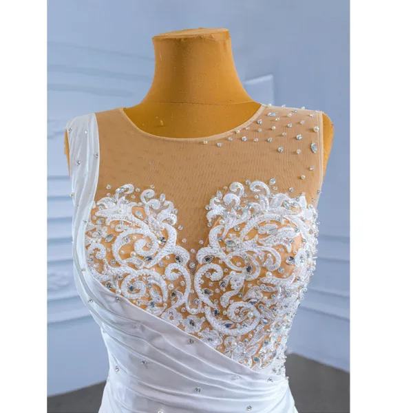 Luxury / Gorgeous White Cascading Ruffles Wedding Dresses 2021 Trumpet / Mermaid Scoop Neck Beading Sequins Rhinestone Lace Flower Sleeveless Backless Royal Train Wedding