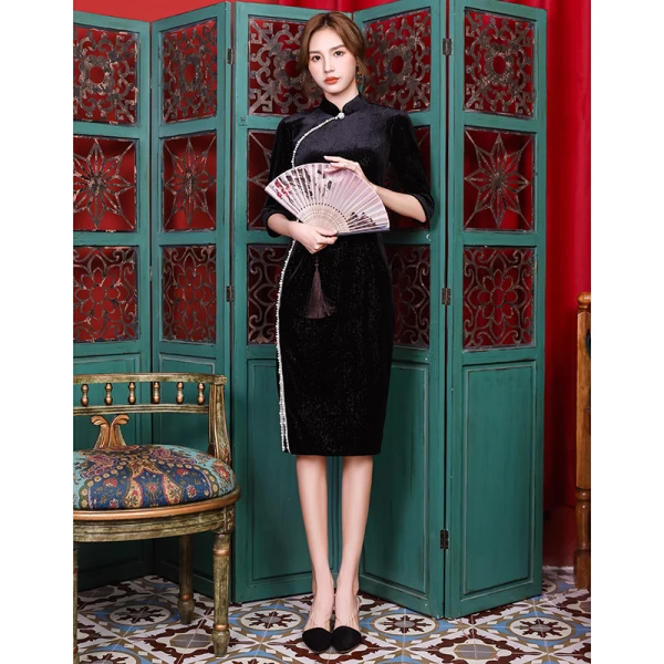 Chinese style Black Velour Evening Dresses Cheongsam 2021 Trumpet / Mermaid High Neck Beading Pearl 1/2 Sleeves Split Front Tea-length Formal Dresses