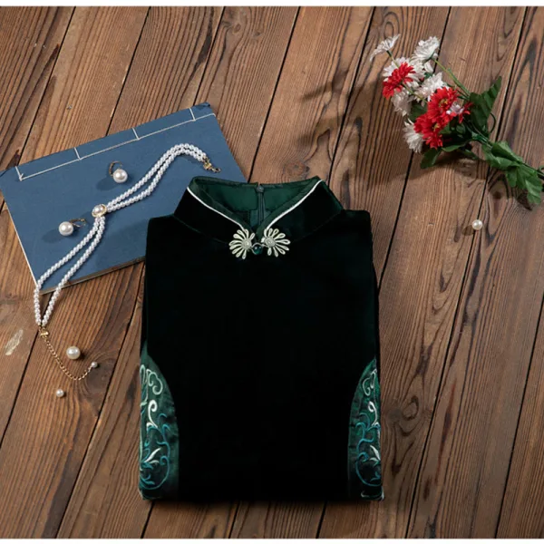 Vintage / Retro Dark Green Velour Embroidered Cheongsam Evening Dresses 2021 Trumpet / Mermaid Suede High Neck 1/2 Sleeves Split Front Tea-length Formal Dresses