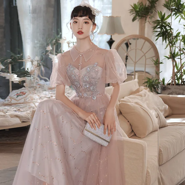 Fashion Blushing Pink Bridesmaid Dresses 2021 A-Line / Princess Beading Pearl Sequins Lace Flower Short Sleeve Backless Floor-Length / Long Wedding Party Dresses