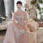 Fashion Blushing Pink Bridesmaid Dresses 2021 A-Line / Princess Beading Pearl Sequins Lace Flower Short Sleeve Backless Floor-Length / Long Wedding Party Dresses