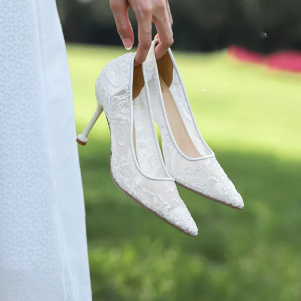 Chic / Beautiful White Lace Flower Wedding Shoes 2021 8 cm Stiletto Heels Pointed Toe Wedding Pumps High Heels