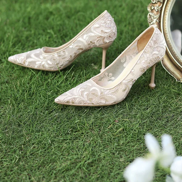 Chic / Beautiful Champagne Lace Flower Wedding Shoes 2021 8 cm Stiletto Heels Pointed Toe Wedding Pumps High Heels